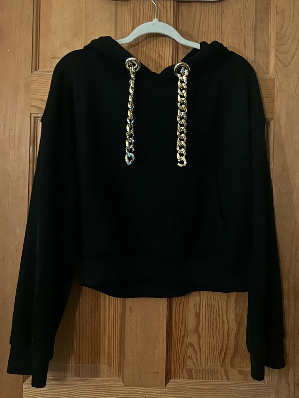 Fashion Nova Black Hoodie with Gold Chain Drawstrings